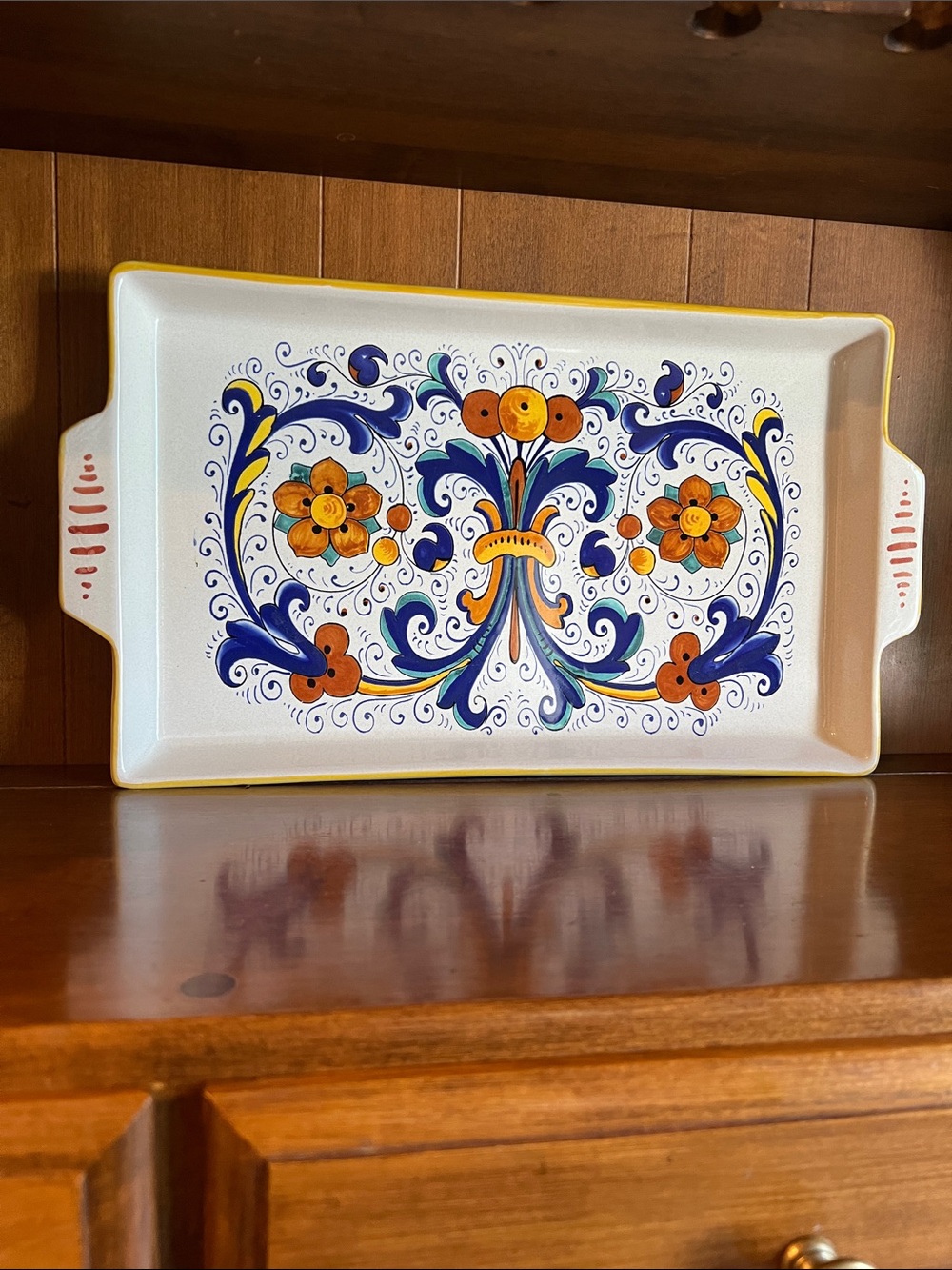 A hand-painted Italian ceramic tray in the Rocco Deruta pattern for Sur La Table